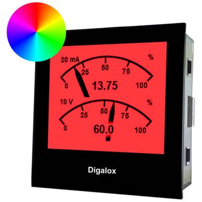 Digital display med två mätskalor: vänster för ström (mA) upp till 20, höger för spänning (%) upp till 100. Aktuella värden: 13,75 mA och 60%.