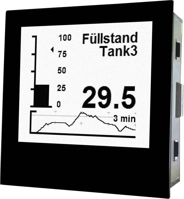 Grafisk display visar en stapel för vätskenivån i 'Tank3'. Aktuellt värde: 29,5 under en tidsperiod på 3 minuter.