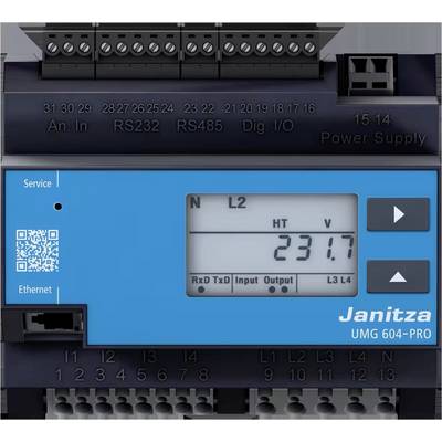 Janitza UMG 604-PRO energimätare frontpanel med digital display som visar 231,7 V, Ethernet/Service-etiketter, QR-kod och terminalanslutningar.