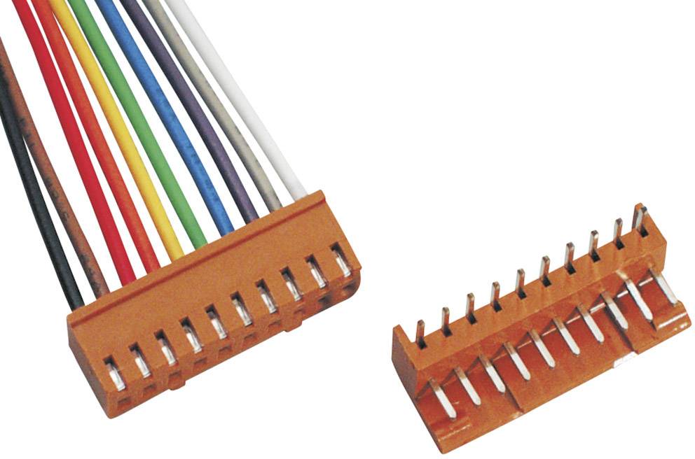 En orangefärgad kontakt med flerfärgade kablar är avbildad med ett matchande motstycke, redo att anslutas.
