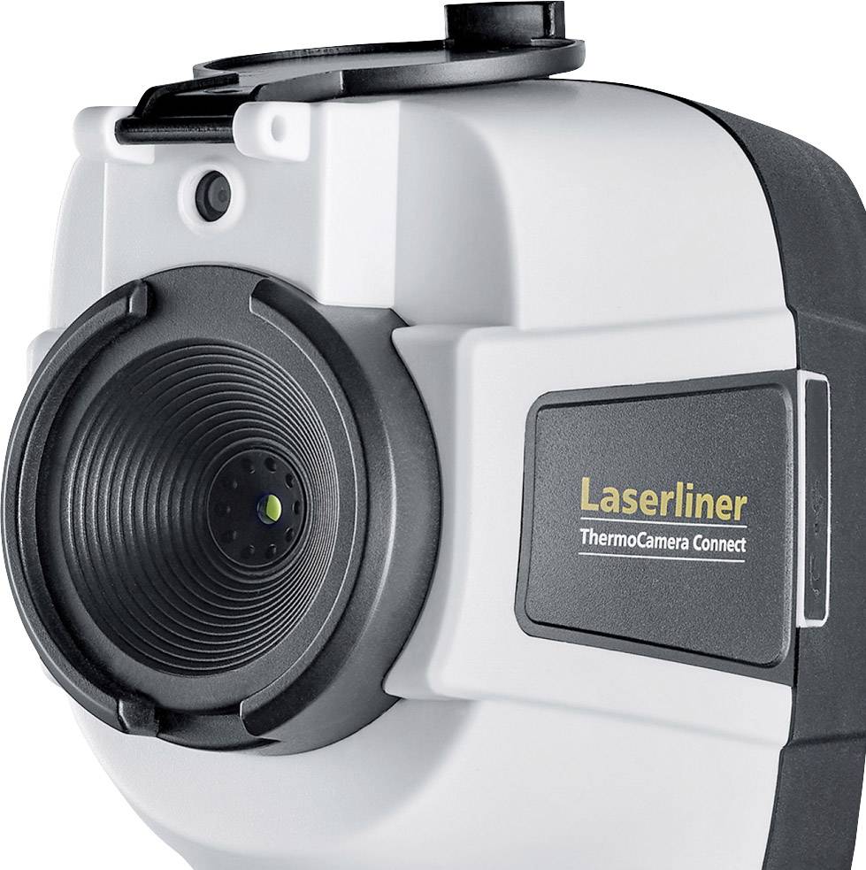 Närbild av ett värmekamera med texten 'Laserliner ThermoCamera Connect'. Kameran är i vitt och svart.