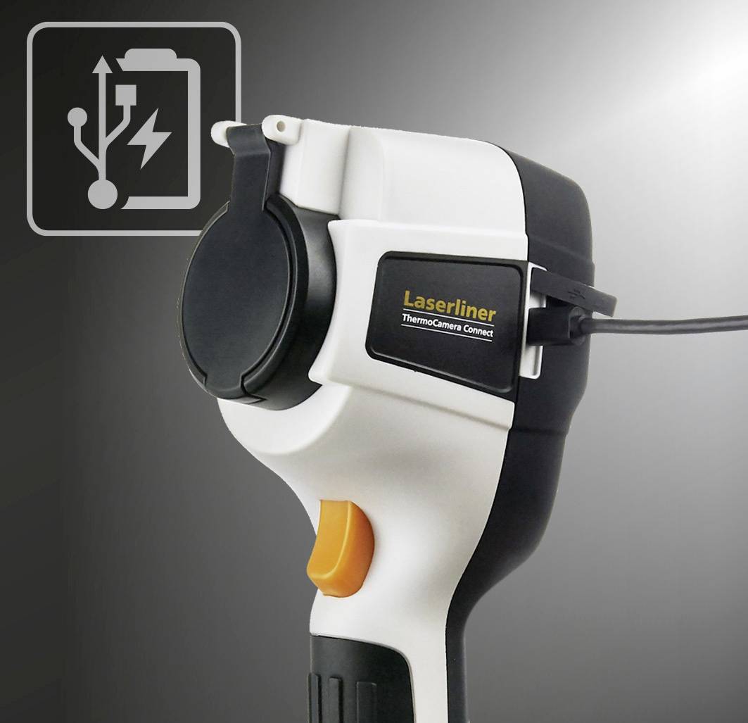 'Laserliner ThermoCamera Connect' visar en bärbar värmekamera med USB-anslutning, symboliserad av en laddningssymbol längst upp till vänster.