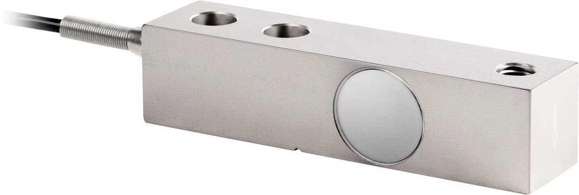 En rektangulär metallsensor med kabel. Sensorn har tre hål på ovansidan och en cirkulär yta på sidan.
