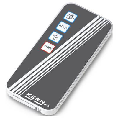 Balansvåg med tre funktionsknappar: 'PÅ/AV', 'HOLD', 'TARA'. Svart design med vita ränder. Märke 'KERN HCD'.