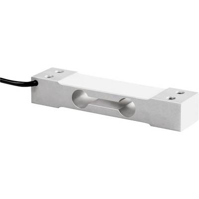 En silverfärgad vågcell med två fästhål i båda ändar och en svart kabel till vänster för anslutning till en enhet.