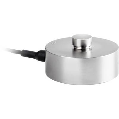 Rund, silverfärgad sensor med kabel, använd för att mäta tryck eller vikt. Verkar robust, med en slät yta.