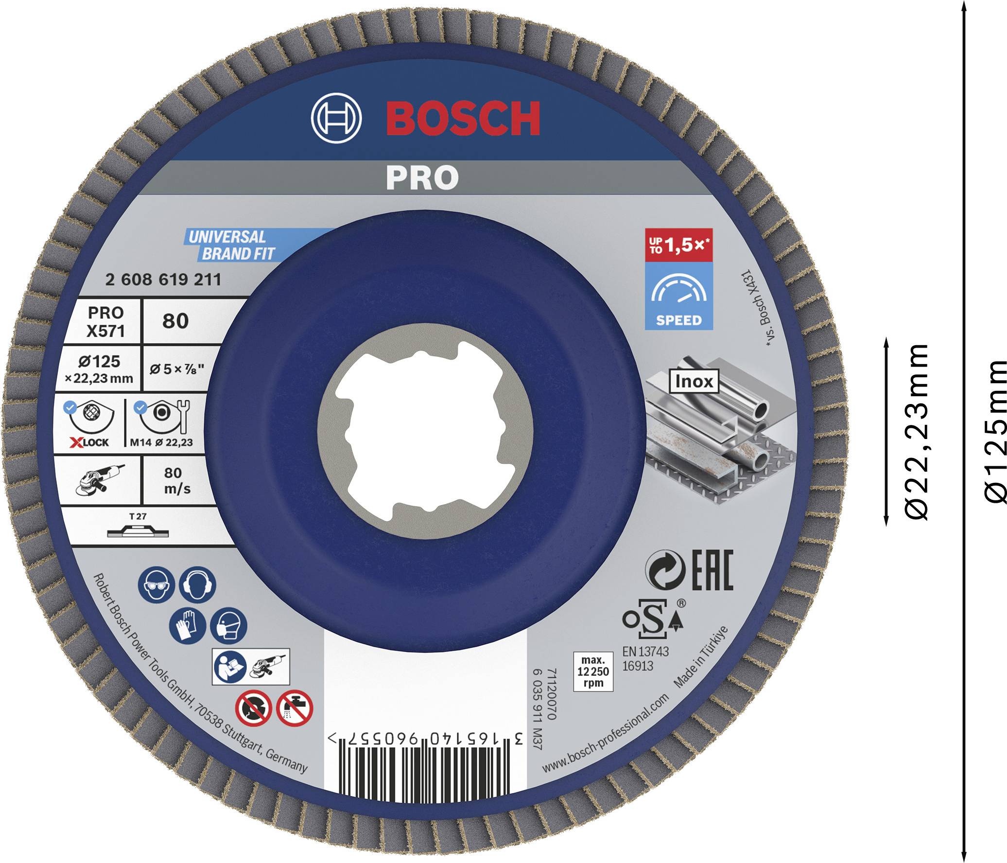Slipskiva för metall från Bosch, diameter 125 mm, borrning 22,23 mm, PRO-serien, max. varvtal 12.250 v/min, kornstorlek 80, lämplig för rostfritt stål.