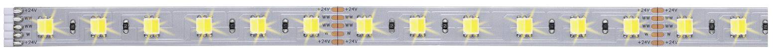 En rad gula LED-lampor på ett vitt band, omväxlande med små svarta och metalliska komponenter. Lämplig för linjär belysning.