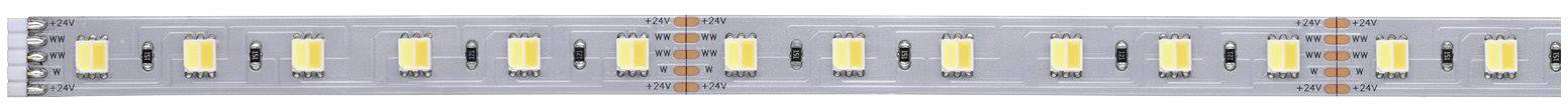 En LED-ljusslinga med regelbundet placerade gula och vita dioder på ett smalt, flexibelt band.