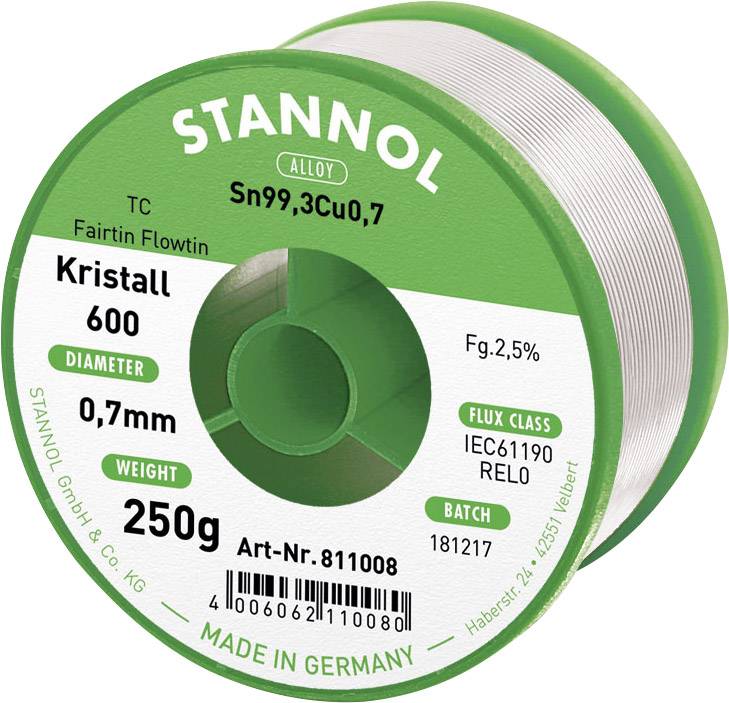 Illustration av en lödtenrulle från 'Stannol', modell 'Kristall 600', diameter 0,7 mm, vikt 250 g, tillverkad i Tyskland.