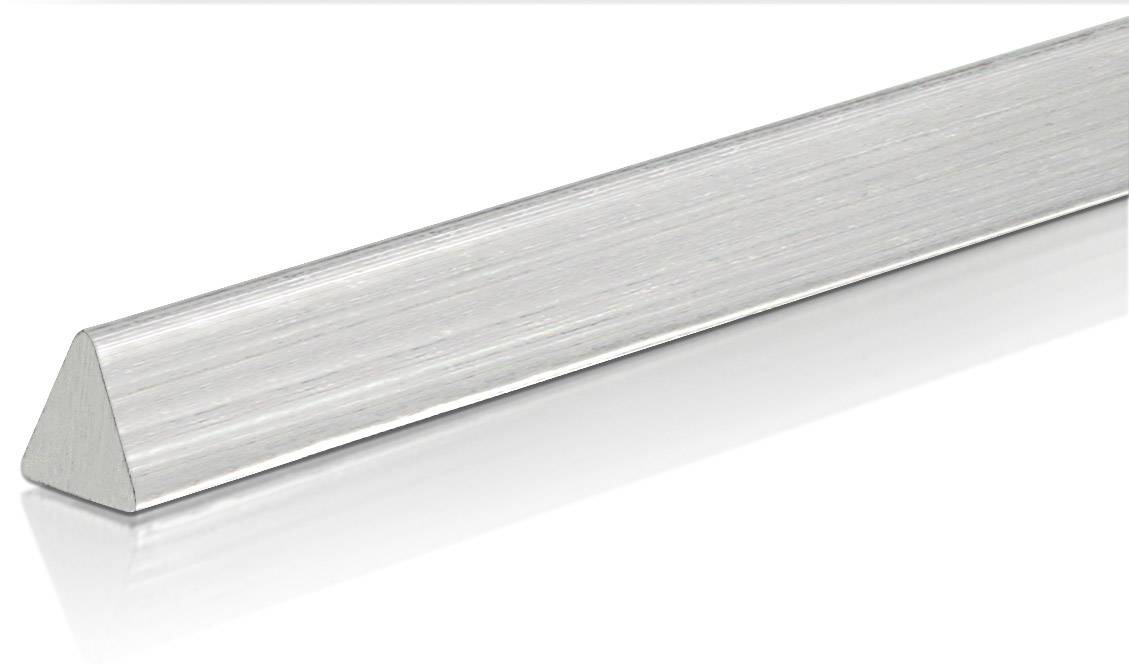 En trekantig aluminiumsprofil som löper från vänster till höger. Den visar materialets metalliska textur och släta yta.