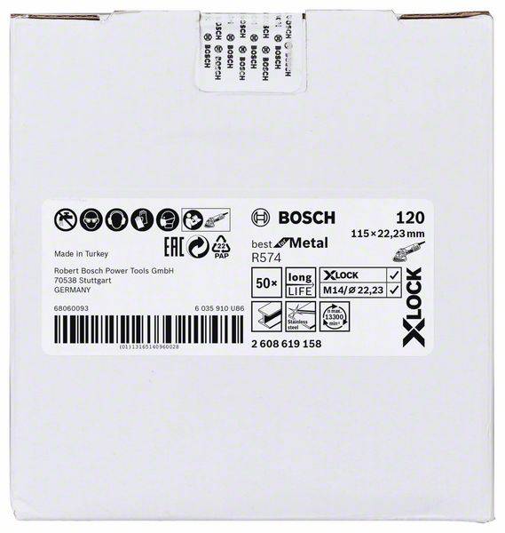 Vit förpackning med svart Bosch-logotyp. Detaljer om metallslipskiva R574, 'Tillverkad i Turkiet', 115x22,23 mm, 50x.