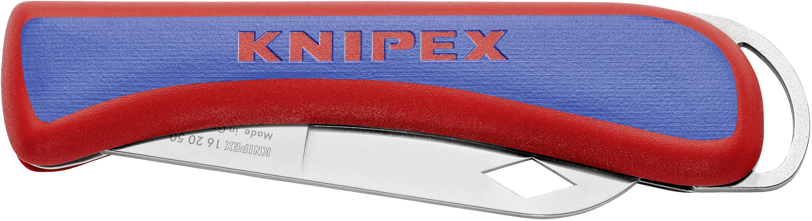Fickkniv med rött handtag, blå gummibeläggning och inskriften 'Knipex' på handtaget. Bladprofilen är synlig.