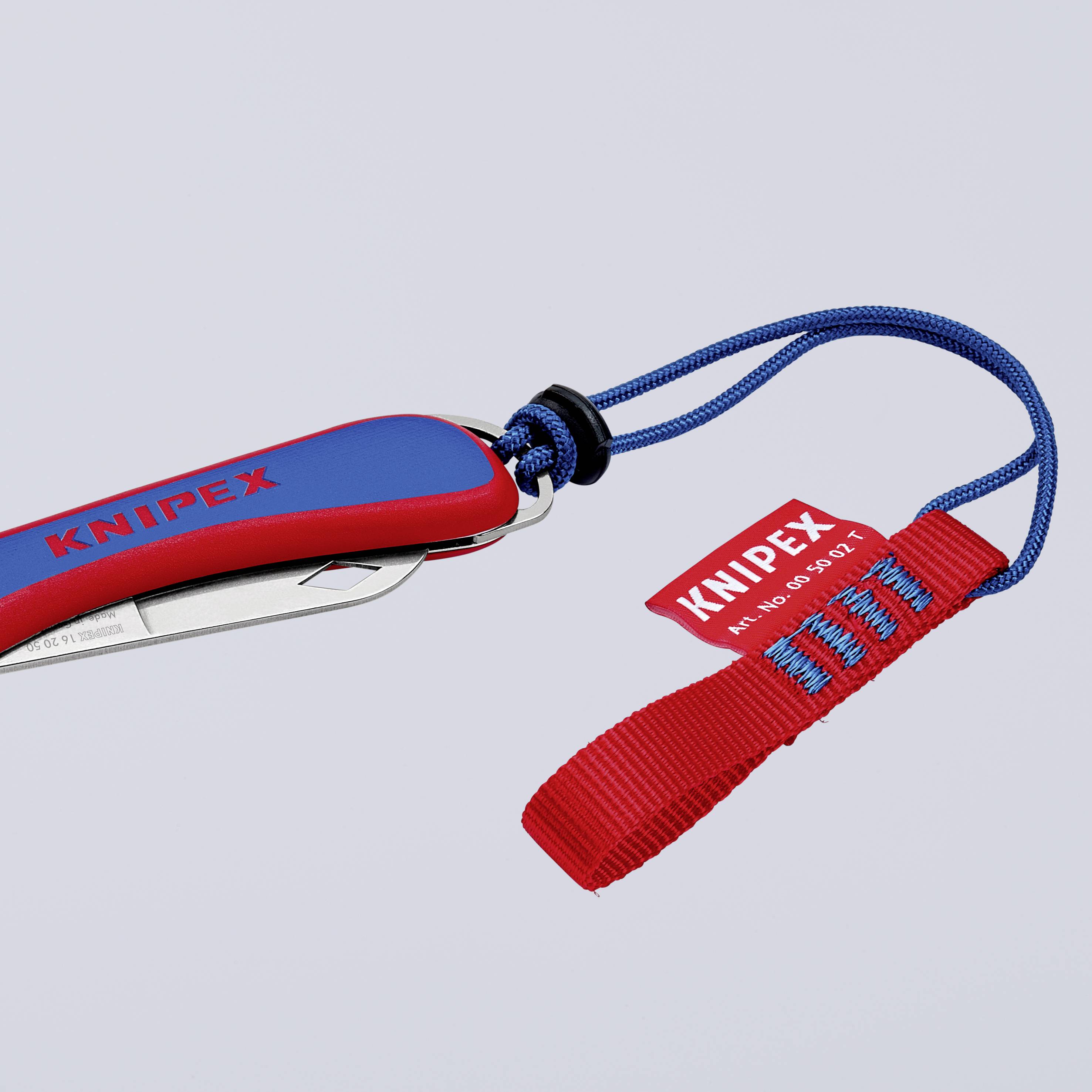 Ett fällkniv från märket KNIPEX med blå-röd handtag och rött hålband framför en grå bakgrund.