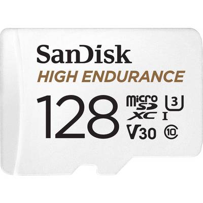 SanDisk High Endurance microSDXC-kort, 128 GB, U3, V30, Klass 10 på vit bakgrund. Lämplig för hög belastning.