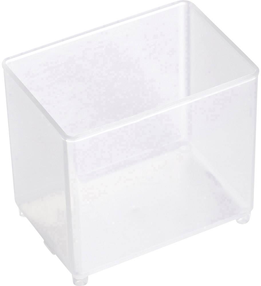 Genomskinlig, tom plastbehållare med rektangulär form, lämplig för förvaring av små föremål eller som organisationshjälpmedel.