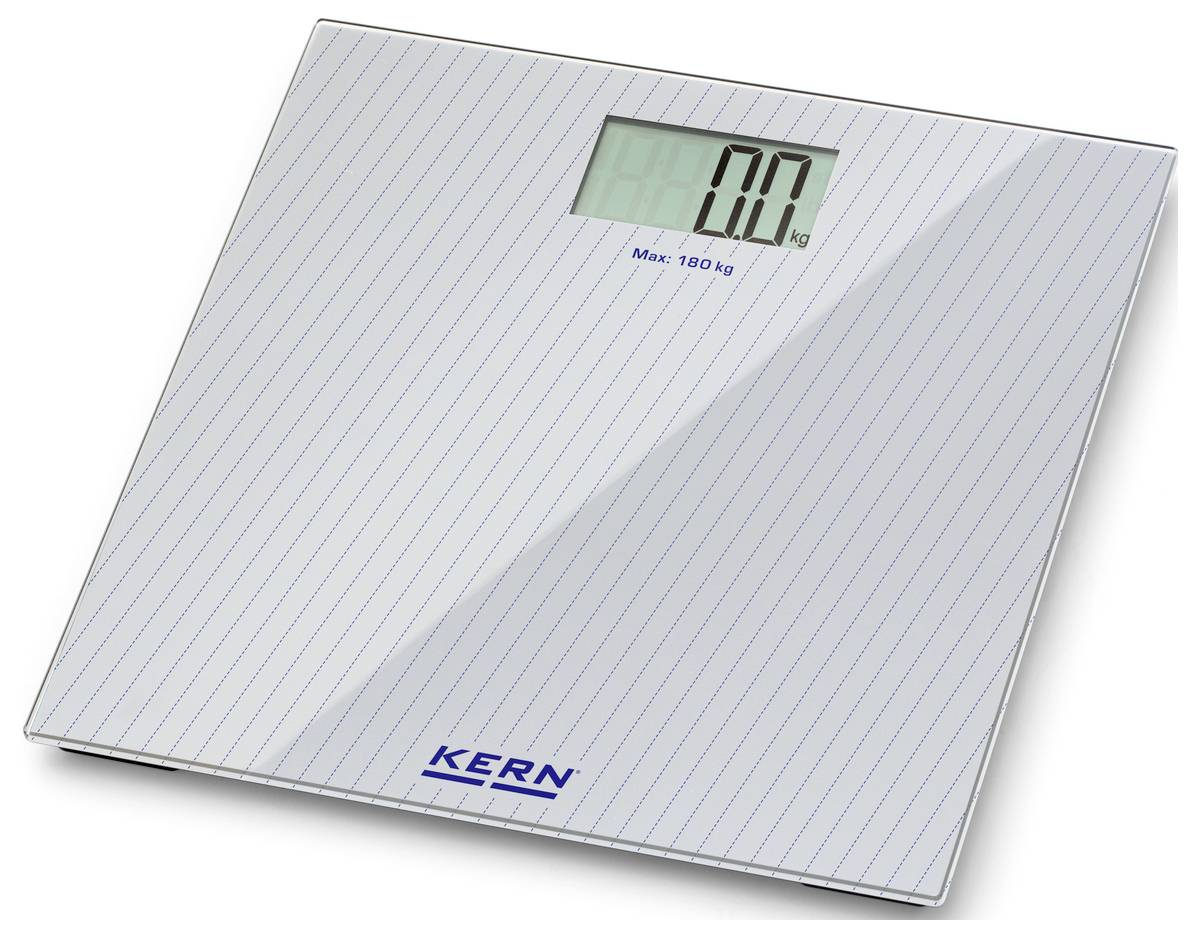 En digital personvåg med en display som visar '0.0 kg'. Maximal vikt: 180 kg. Märke: KERN. Enkelt, modernt design.
