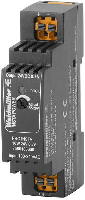 Bilden visar ett Weidmüller INSTAPOWER nätaggregat, modell PRO INSTA, med specifikationer: Ingång 100-240VAC, utgång 24VDC 0,7A.