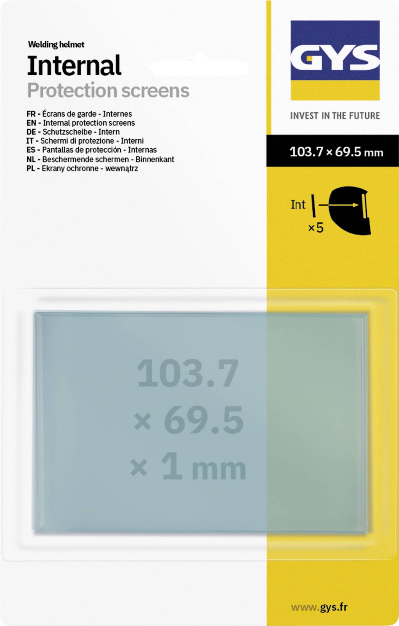 Förpackning för GYS svetshjälm inre skyddsskärmar, 103,7 x 69,5 mm, visar en transparent ersättningslins och x5 antal.