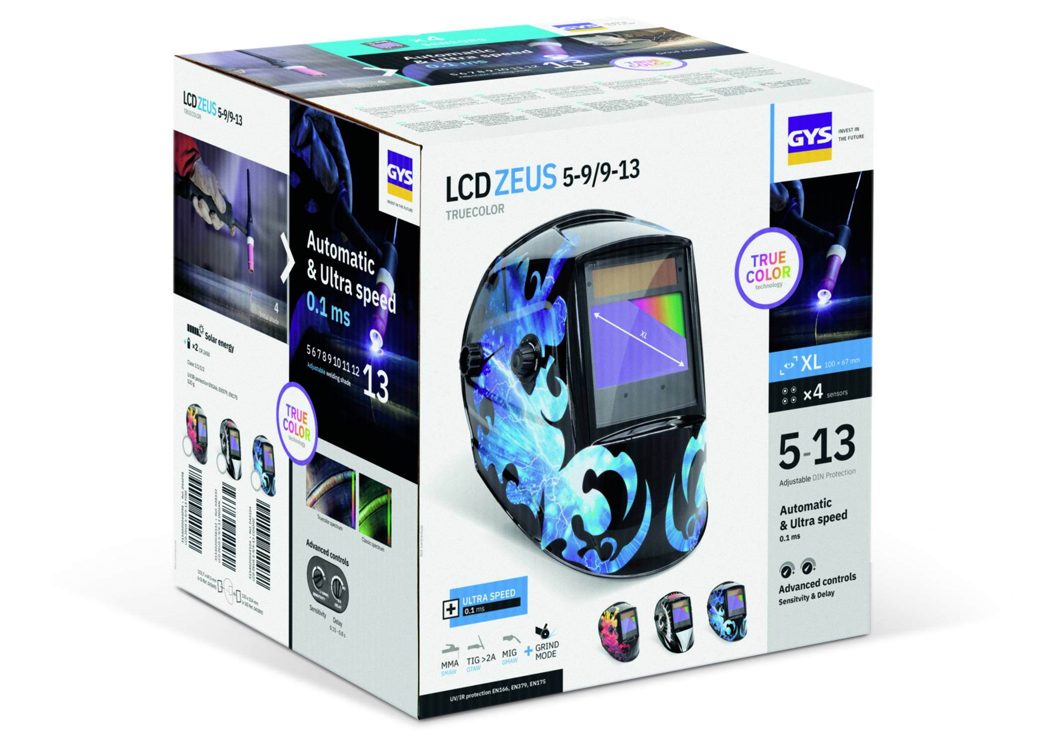 Förpackning för GYS LCDZEUS 5-9/9-13 automatisk svetsmask, visad med blå flamgrafik och produktfunktionsetiketter.