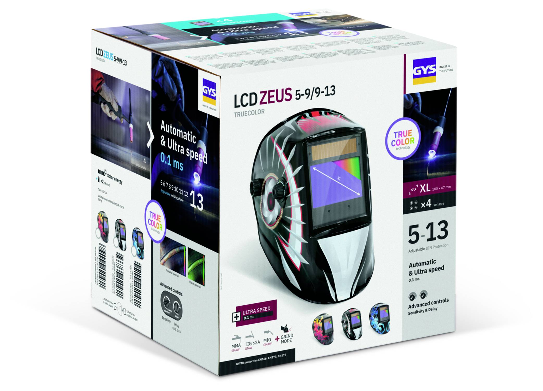 Förpackning för GYS LCD ZEUS automatiskt mörknande svetsmask, märkt "LCD ZEUS 5-9/9-13" och "True Color", med produktbild och höjdpunkter för funktioner.