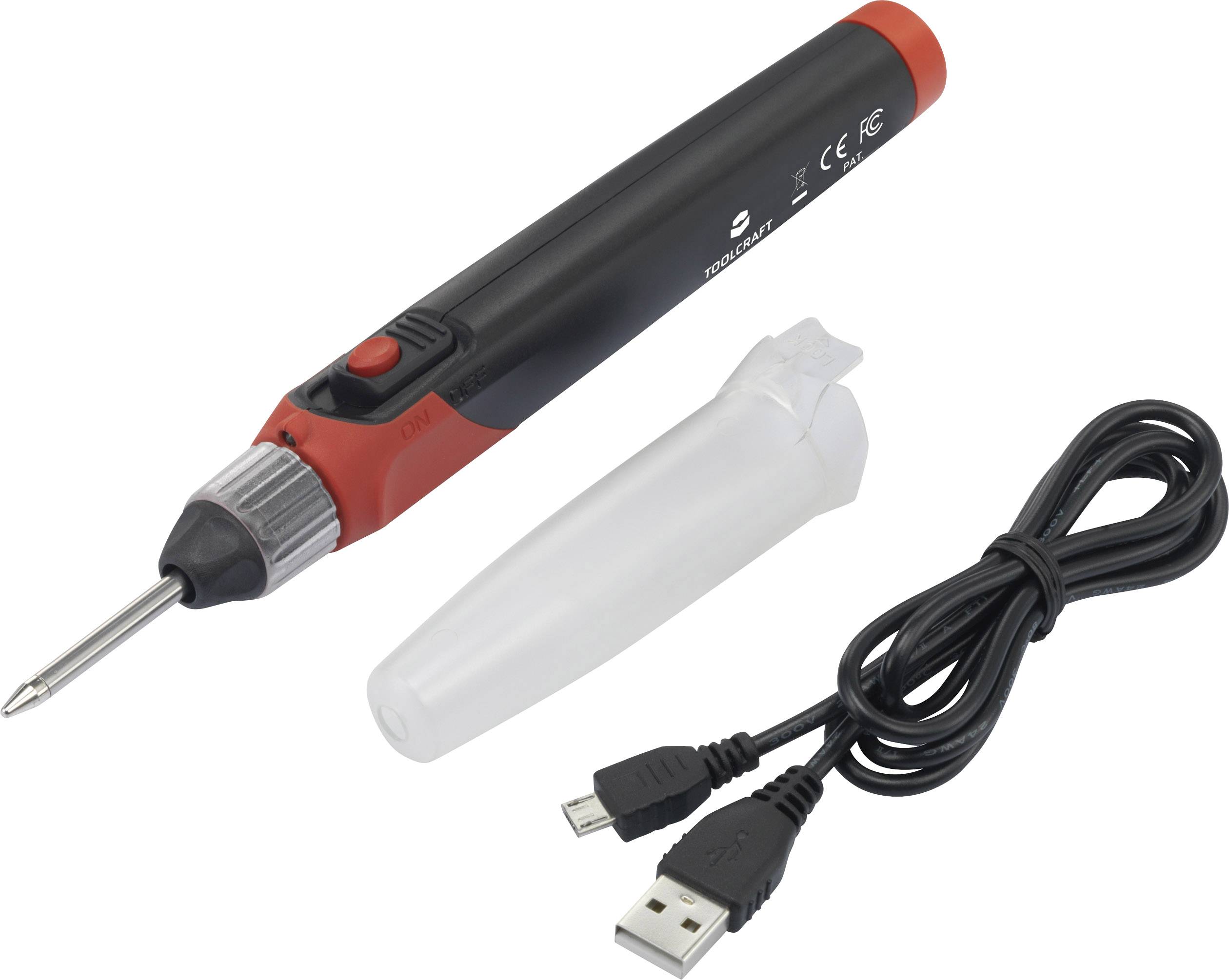 En batteridrivet lödverktyg med USB-kabel och skyddshölje. Perfekt för mobila reparationer och hantverksarbeten.