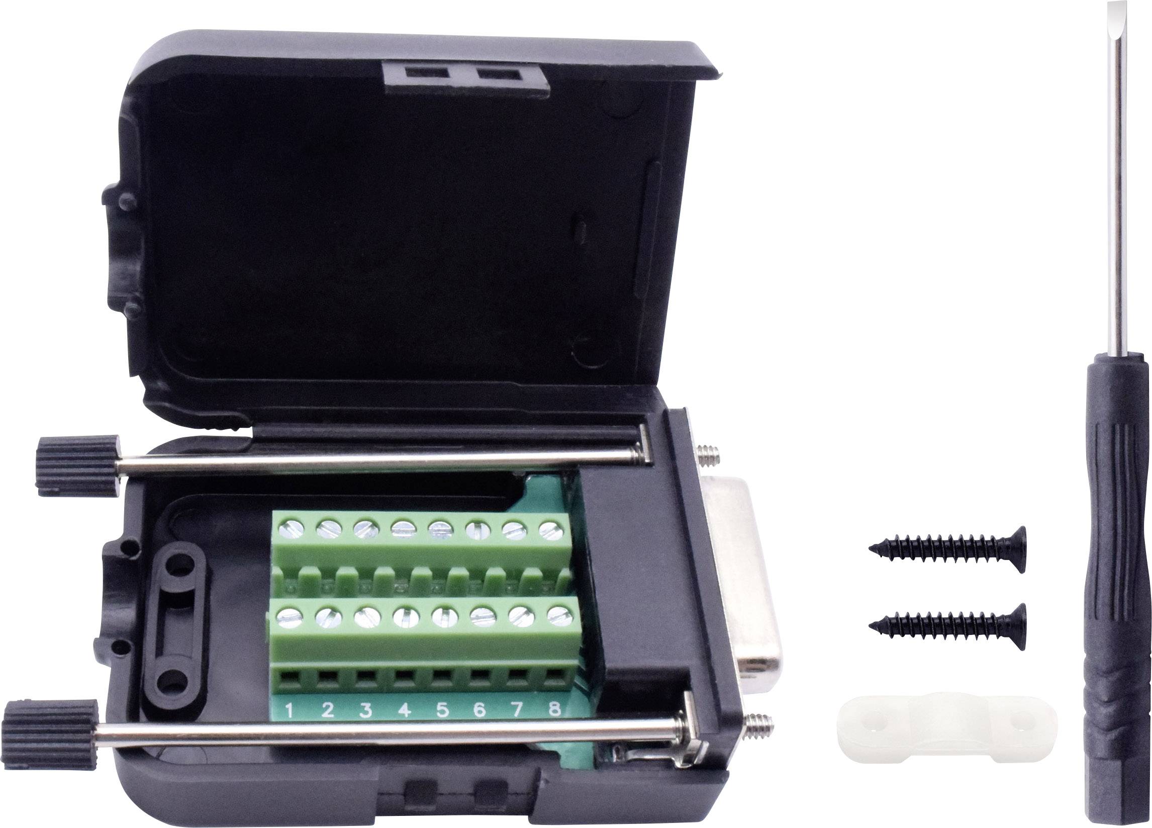 Elektronisk panel med öppna anslutningsklämmor, skruvmejsel och skruvar, redo för montering eller installation.