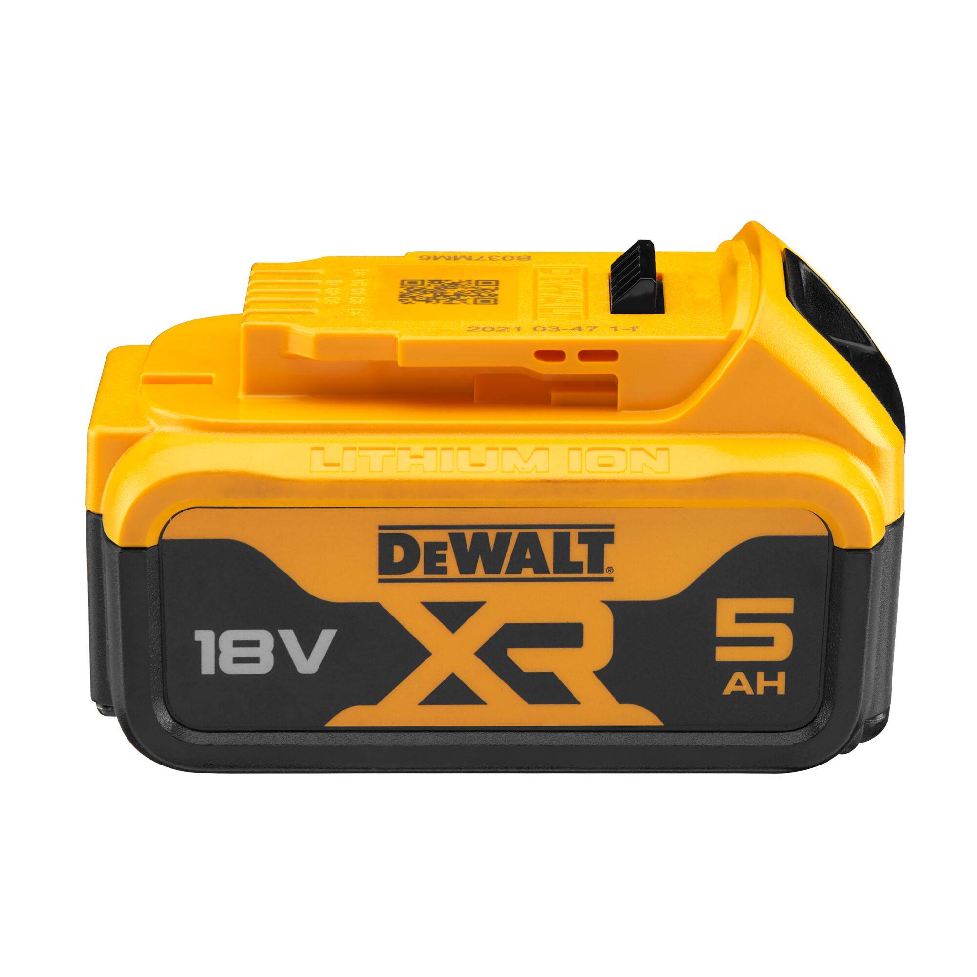 En gul DeWalt litiumjonbatteri märkt '18V XR 5 Ah'.