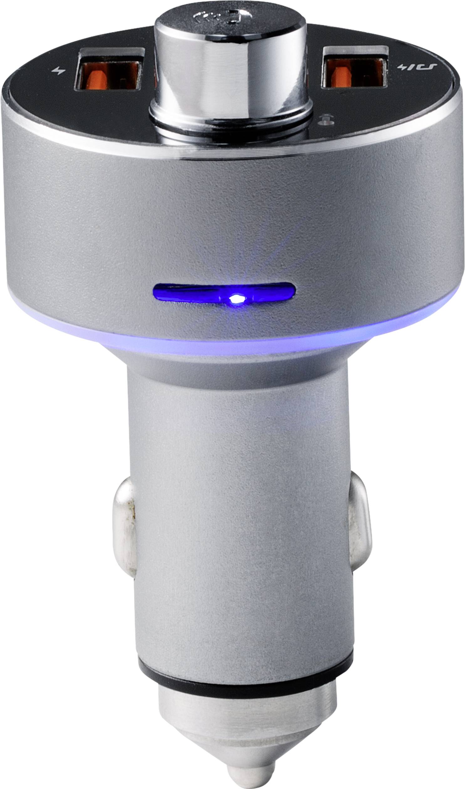 Silverfärgad billaddningsadapter med två USB-portar och ett blått LED-ljus som indikerar driftstatus.