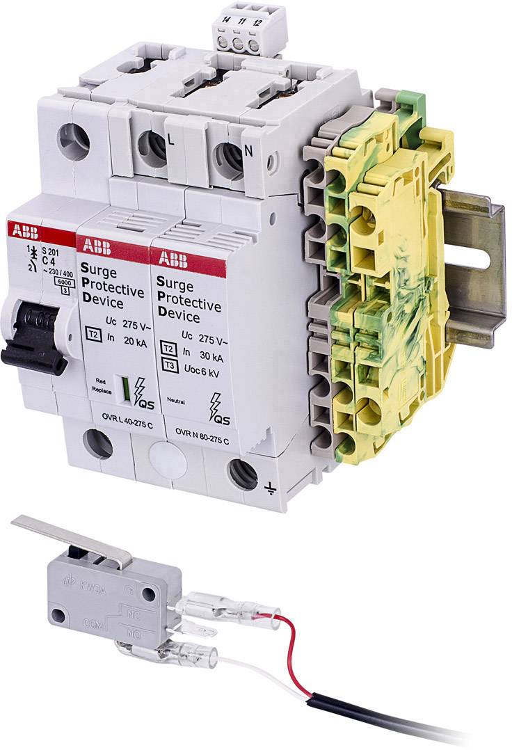 Överspänningsskyddsanordning och elektrisk strömbrytare, båda gråa; skyddsanordningen är för 275V, med detaljerad märkning.