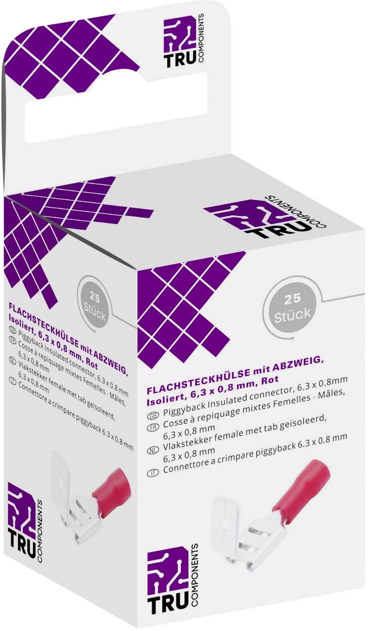 Förpackning med 25 röda platta flatstift. Märke 'TRU Components'. Text: 'Platt flatstift med avgrening, 6,3 x 0,8 mm'.