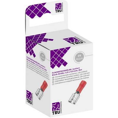 En ask med röda platta flatstift från TRU Components, 25 stycken, storlek 2,8 x 0,8 mm, isolerade. Innehåller produktdetaljer.