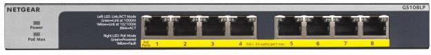 En 8-ports nätverksswitch från Netgear med LED-indikatorer för ström och aktivitet för varje port, modell GS108LP.