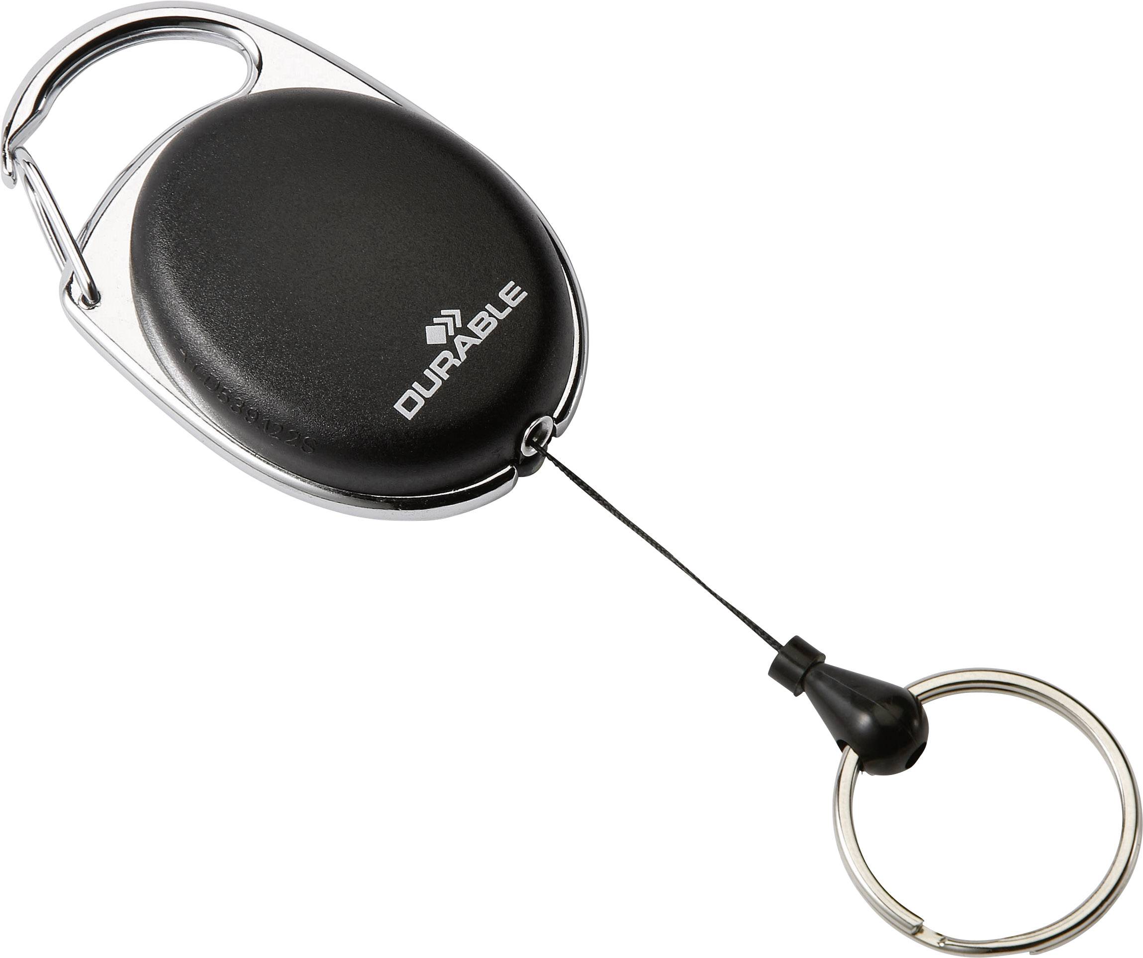 En svart ID-hållare med ett utdragbart band och en metallclips. På den står det 'Durable'.