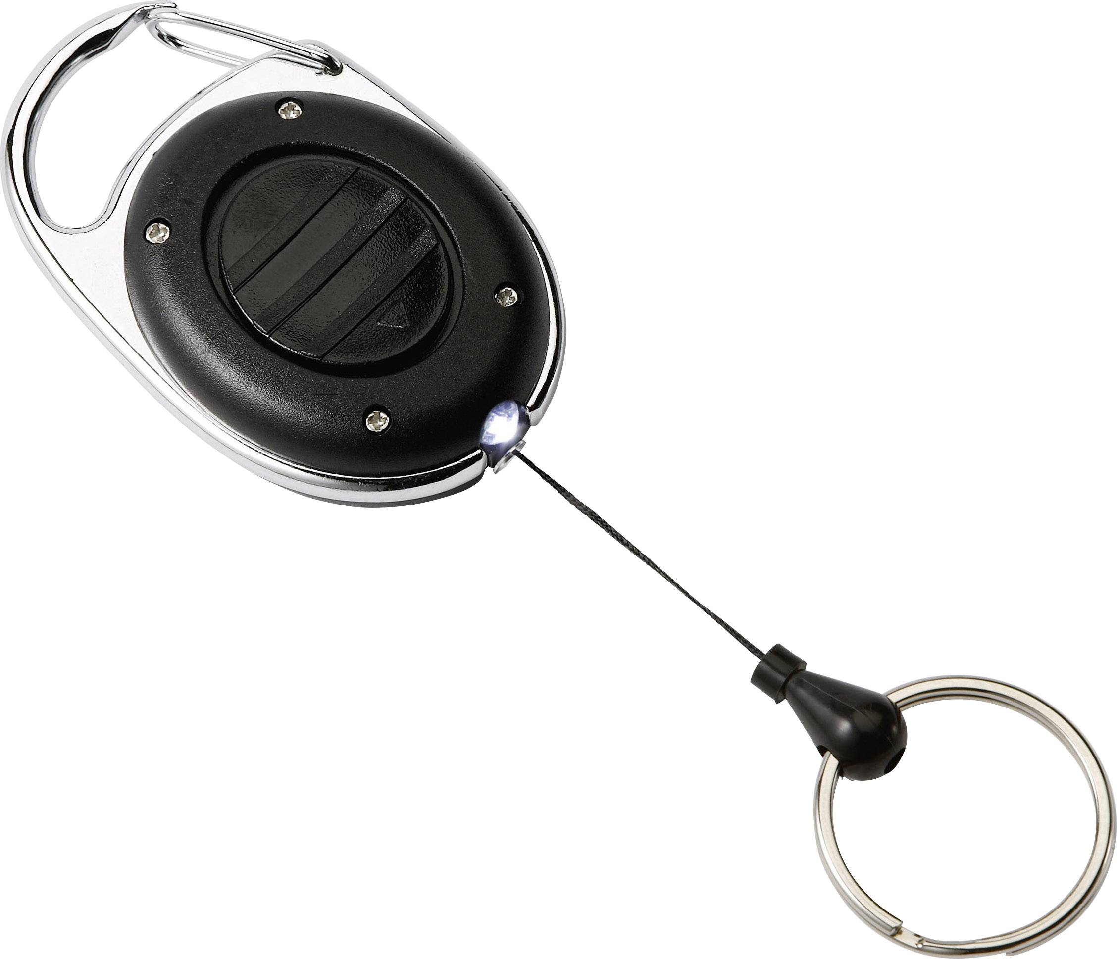 Nyckelring med avtagbar kabel och LED-ljus, lämplig för nycklar eller ID-kort, svart-silver design.
