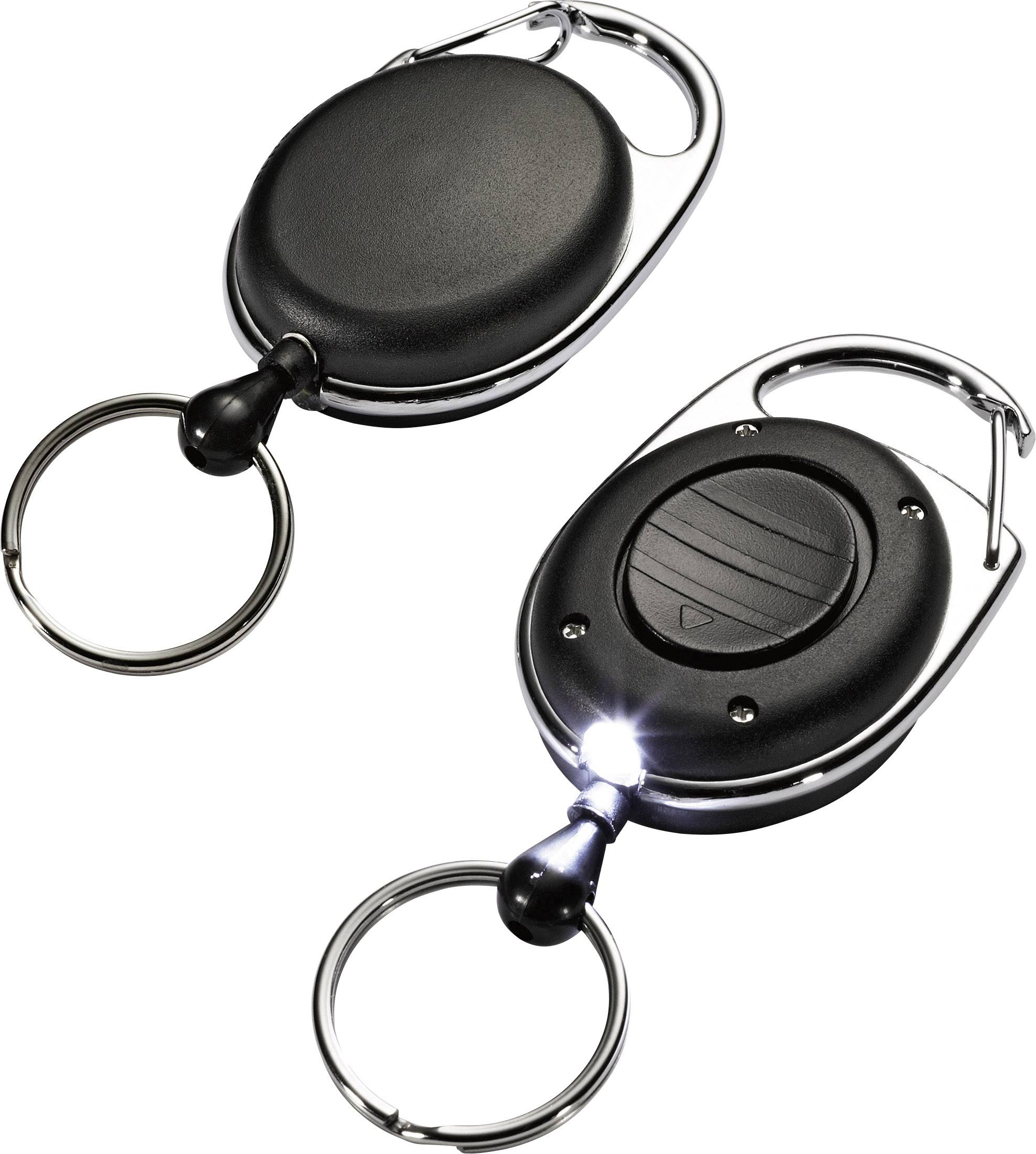 Två svarta nyckelringar med runda höljen och silverringar; en har en liten LED-lampa aktiverad.