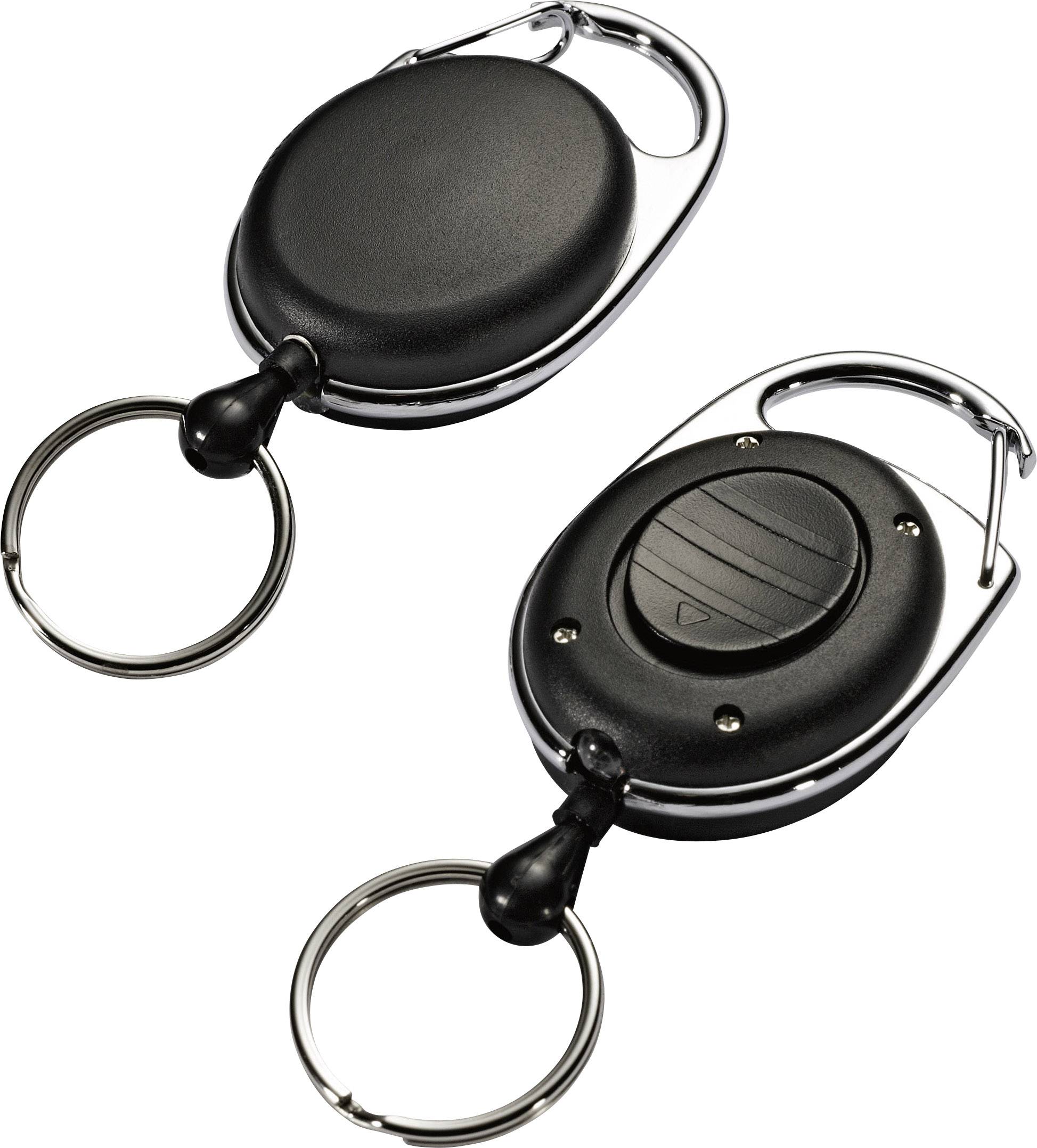 Två svarta, runda nyckelringar med inrullningsmekanism och metallringar ligger på en ljus yta.