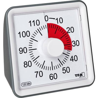 Kvadratisk analog köksTimer med stor skala från 0 till 120 minuter. Det röda området visar återstående tid. För närvarande inställd på 10 minuter.