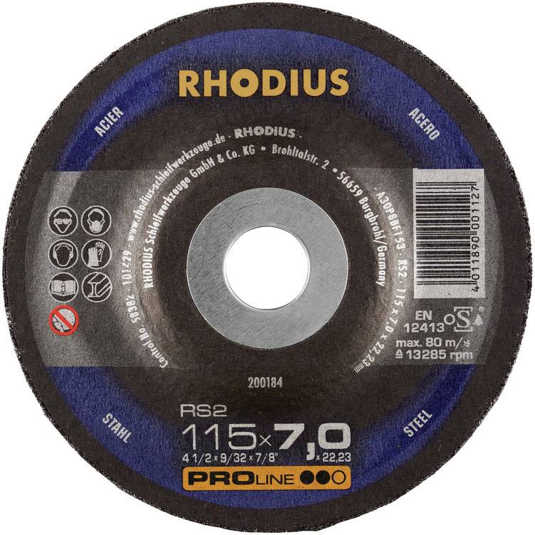 Slipskiva märkt 'RHODIUS' med specifikationer. Diameter: 115 mm, tjocklek: 7 mm. Lämplig för stålbearbetning.