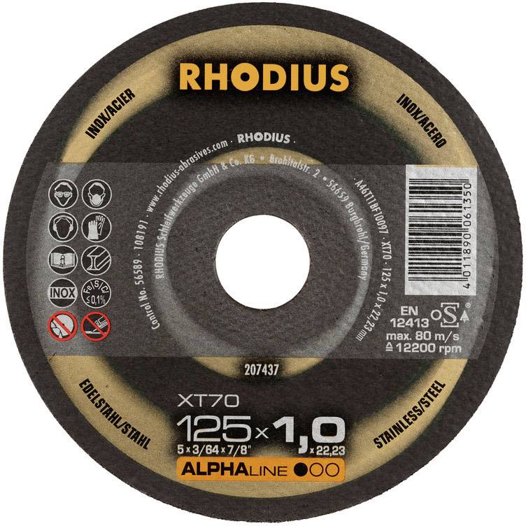 'RHODIUS XT70' kapskiva för rostfritt stål, diameter 125 mm, tjocklek 1,0 mm, maximal rotationshastighet 80 m/s. Lämplig för INOX.