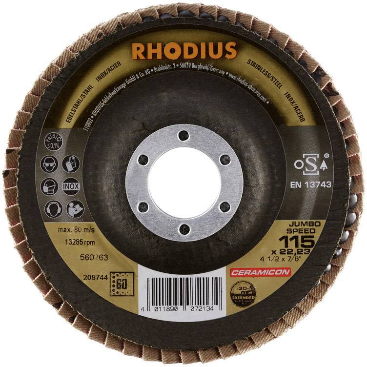 'RHODIUS Jumbo Speed' slipskiva med 115 mm diameter, lämplig för rostfritt stål. Maximal hastighet: 80 m/s, 13 285 varv/min.