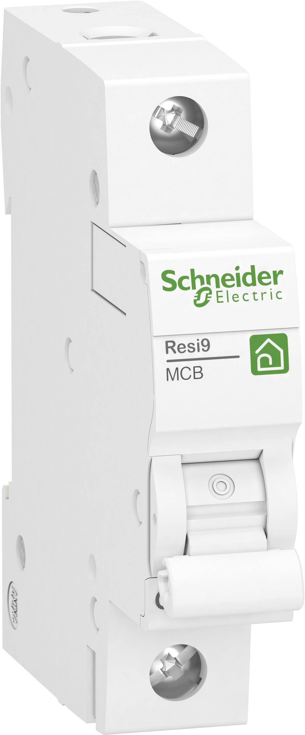 Enpolig kretsbrytare från Schneider Electric, modell 'Resi9 MCB', vit med gröna markeringar, avsedd för skydd av elektriska kretsar.