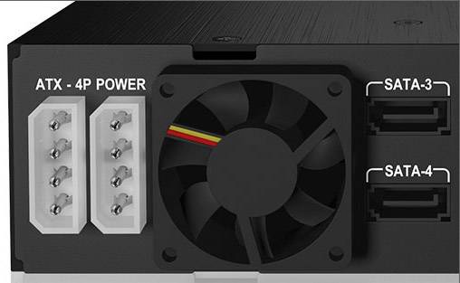 Bakre vy av en elektronisk enhet med ATX-4P strömkontakt, fläkt och två SATA-anslutningar för datalagring.