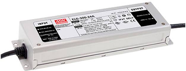 Nätadapter med kablar, modellnummer 'ELG-300-24A'. Texten på etiketten informerar om tekniska specifikationer och anslutningar.