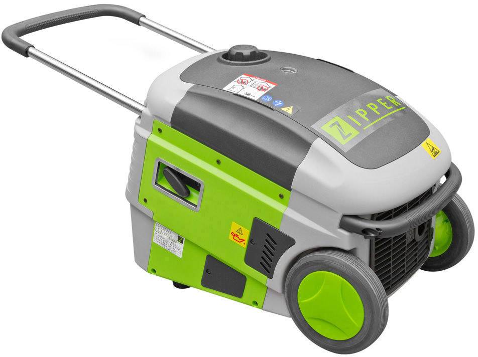 Grön mobil strömgenerator med två hjul, svart handtag och flera kontrollknappar, 'Zipper'-logotyp på ovansidan.