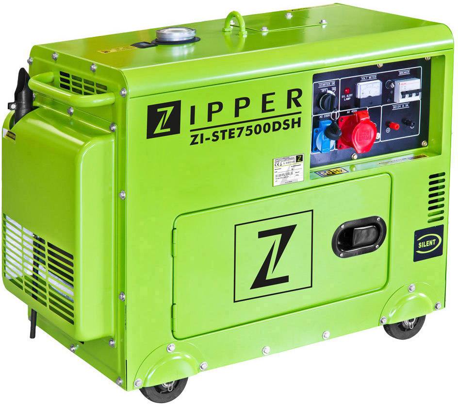 Grön mobil generator märkt 'ZIPPER ZI-STE7500DSH', med kontrollpanel och uttag på sidan.