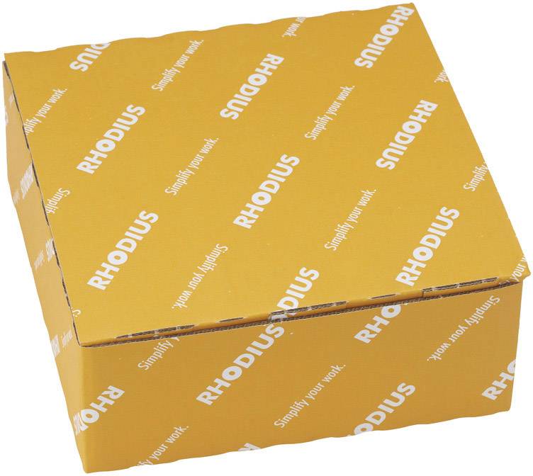 En gul låda med vit tryckning av 'RHODIUS' och 'Simplify your work.' på alla synliga sidor.