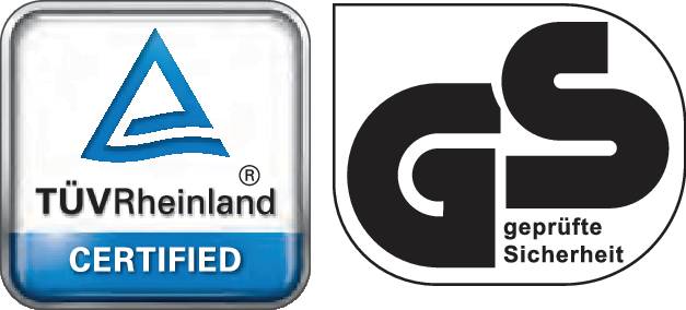 'TÜV Rheinland- och GS-certifikat: TÜV Rheinland Certifierad, GS-testad säkerhet'