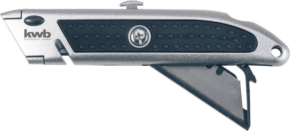 Kwb-skärare med ergonomiskt handtag, svart gummiinsats för bättre grepp, infällbart blad för säkerhet och precision.