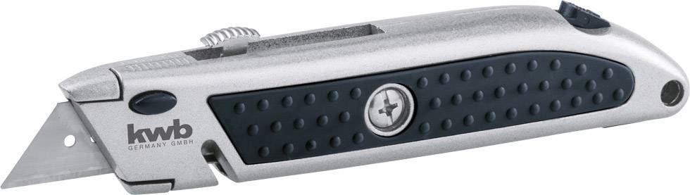 Silverfärgat knivblad med infällbart blad och svartprickigt handtag, märke 'kwb Germany'.